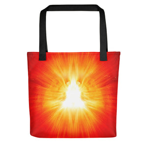 Living Light Designs All over Tote Bag printed with a unique and vivid "LOTUS BORN" design.