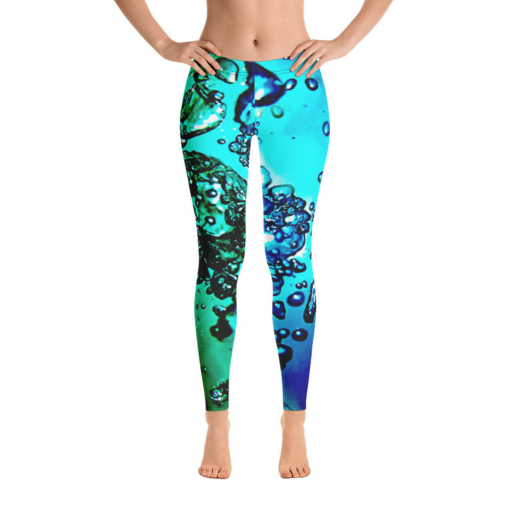 Women's Leggings. vivid beautiful bright blue and aqua green design. Water and Light Beams. bubbles. underwater photography. Mermaid Spirit