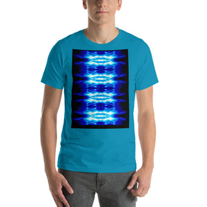 Men's T shirt printed with a unique and vivid  design. Beautiful underwater photography. Electric Blue and Black.