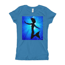 Load image into Gallery viewer, Powerful mermaid design on classic girls teal T shirt