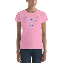 Load image into Gallery viewer, Our distinctive Logo &quot;Flower Light&quot; design on a classic, womens pink t-shirt.