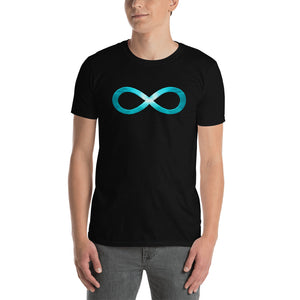 The Infinity series design on a classic, mens black t-shirt.