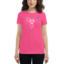 Load image into Gallery viewer, Living Light Designs Logo printed on a women’s T shirt with a unique and vivid “Flower Light” design. Star Tetrahedron spins in 3D at the center of all creation. available in many colors