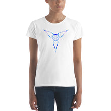 Load image into Gallery viewer, Our distinctive Logo &quot;Flower Light&quot; design on a classic, women&#39;s white t-shirt.