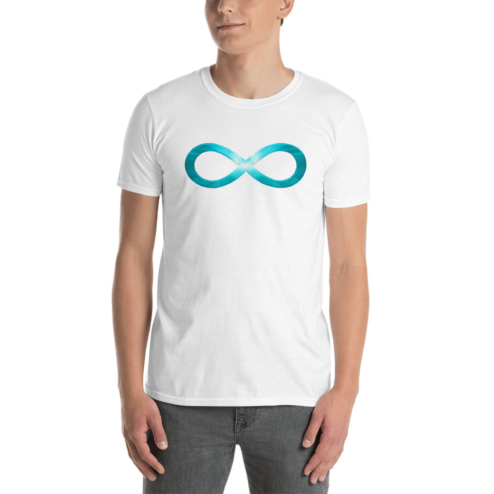 The Infinity series design on a classic, mens white t-shirt.