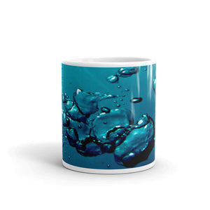 Ceramic coffee mug printed with our distinctive and exclusive vivid "Exhale" bubble and water design.