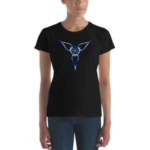 Our distinctive Logo "Flower Light" design on a classic, women's black t-shirt.