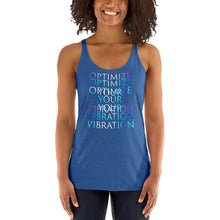 Load image into Gallery viewer, Living Light Designs Women’s Racerback Tank shirt printed with a unique and vivid &quot;optimize your vibration&quot; design. available in many colors