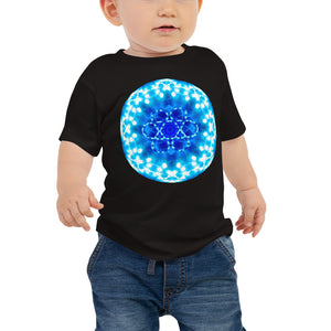 Baby T shirt printed with a unique and vivid blue mandala "Angel Choir 1" design