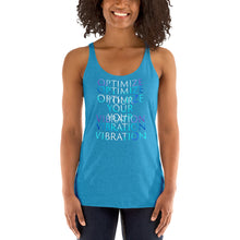Load image into Gallery viewer, Living Light Designs Women’s Racerback Tank shirt printed with a unique and vivid &quot;optimize your vibration&quot; design. available in many colors