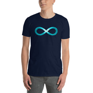 The Infinity series design on a classic, mens navy t-shirt.
