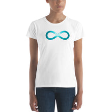 Load image into Gallery viewer, Our distinctive &quot;Infinity&quot; design on a classic, womens white t-shirt.