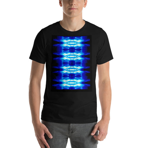 Men's T shirt printed with a unique and vivid  design. Beautiful underwater photography. Electric Blue and Black.